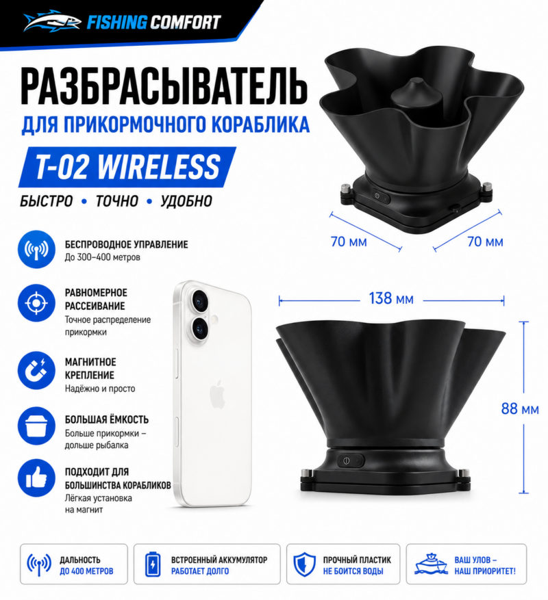 Разбрасыватель прикормки для прикормочного кораблика T-02 Wireless